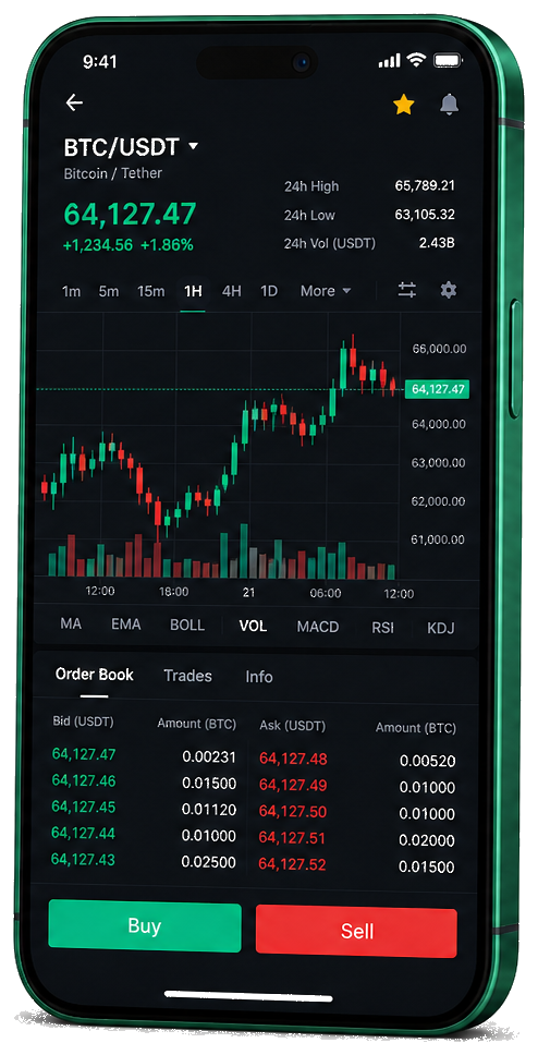 Pantalla móvil de trading de Gallegoscalminda — datos BTC/USDT en directo, libro de órdenes y funciones para ejecutar operaciones